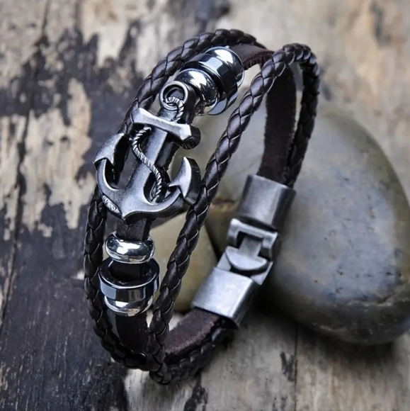 Unisex Vintage Boat Anchor Leather Adjustable Multi Layer Braided Bracelet - Picture 3 of 3